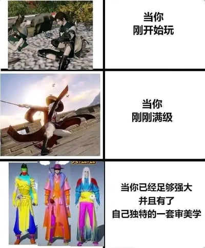 这是一张由三格图片组成的连环梗图，用递进的方式展现玩家在MMO游戏中的不同阶段状态：第一格对应“刚开始玩”，画面里的游戏角色穿着风格统一的初始类服饰，正和宠物互动，姿态温和，此时玩家更专注于熟悉游戏内容、推进主线；第二格对应“刚刚满级”，角色穿着帅气的战斗向服饰，在城墙上摆出充满力量感的战斗姿势，此时玩家大多追求战力提升和符合主流审美的酷炫外观；第三格对应“已经足够强大”，画面里的三个角色穿着色彩饱和度极高、搭配混乱怪异的服饰，配文“并且有了自己独特的一套审美学”，调侃当玩家在游戏中战力达标、核心内容体验得差不多后，会转而收集各类奇特外观，搭配出极具个人风格却不符合大众审美的造型，精准戳中了不少MMO游戏玩家的后期日常。