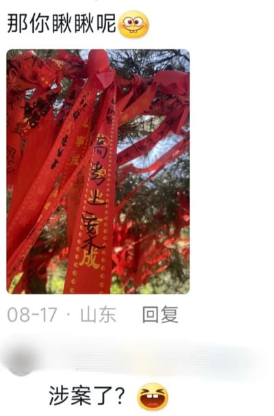 这是一张社交媒体的互动截图，上方发布者配文“那你瞅瞅呢😜”并附带一张许愿树红丝带的实拍照片，照片中的红丝带原本写有“高考必成”的许愿语，被人用笔修改，将“必”字添加笔画改成“安”，使得文字变成“高考安不成”，谐音“高考涉案不成”，制造出趣味梗；下方回复者配文“涉案了？😆”并搭配大笑表情，呼应这个文字梗，整体是网友之间的趣味互动内容，通过修改许愿文字的方式玩谐音梗，充满趣味性。