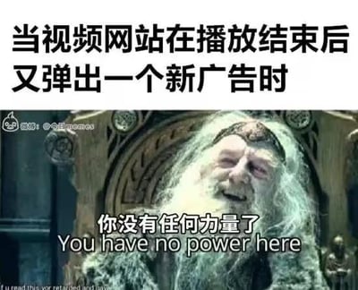 这张梗图上方配有文字“当视频网站在播放结束后又弹出一个新广告时”，下方是《指环王》系列电影中甘道夫的剧照，剧照上叠加文字“你没有任何力量了 You have no power here”，以此来调侃用户在面对视频网站没完没了的广告时，无力反抗、只能被动接受的无奈心情，精准戳中网友在使用视频平台时被广告困扰的痛点。