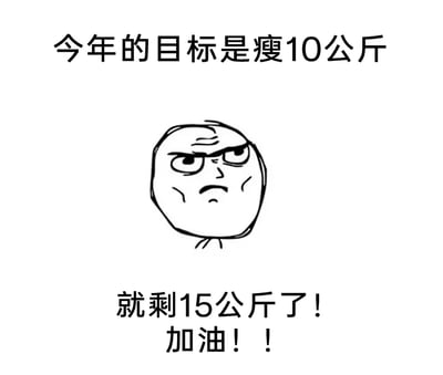 这是一张采用图文混排形式的黑白线稿搞笑梗图，核心内容是通过反向反差制造自嘲式的搞笑效果。图中上方标注文字“今年的目标是瘦10公斤”，中间是一个眉头紧皱、眼神带着无奈却又强装坚定的手绘卡通人物头部，下方文字则是“就剩15公斤了！加油！！”。原本目标是瘦10公斤，实际却还需要减15公斤，意味着体重不仅没降反而上涨，这种目标与现实的反向反差，搭配人物窘迫又自我鼓励的表情，精准调侃了减肥过程中体重失控、离目标越来越远的尴尬处境，用自我打气的语气放大了这种真实又好笑的自嘲感，容易引发有减肥经历的网友的共鸣。