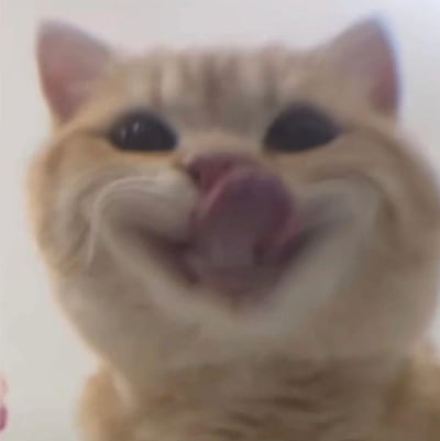 一只橘色的猫咪特写镜头，它正睁着圆圆的大眼睛直视镜头，同时伸出粉色的舌头，表情显得十分俏皮可爱。背景为纯色浅色，突出猫咪主体。图片略有模糊感，可能是拍摄时的动态效果或后期处理。