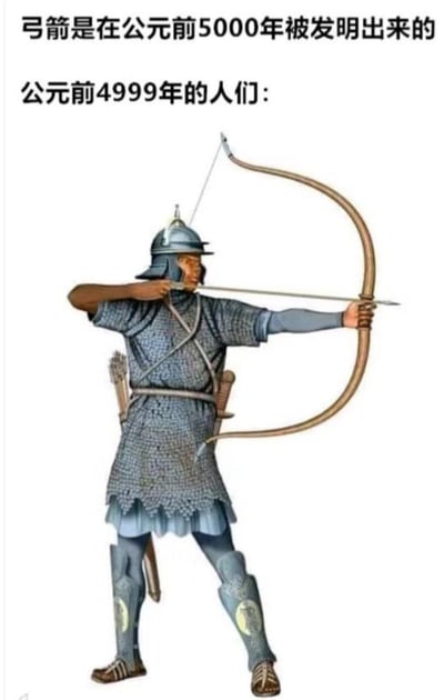 这是一张搞笑反差梗图，上方文字标注「弓箭是在公元前5000年被发明出来的」，下方配文「公元前4999年的人们：」，并搭配一名身着全套链甲、头盔的重装弓箭手拉弓瞄准的插画。

梗点在于用夸张的时间反差制造笑点：弓箭刚发明仅仅一年，人类就已经拥有了配套的专业盔甲和成熟的射箭装备，调侃技术迭代和人类对新工具的应用被极度夸张化，充满搞笑的吐槽感。