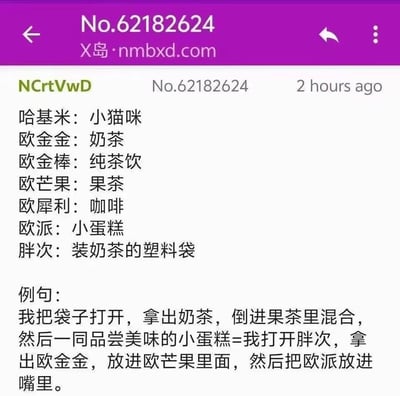 这是X岛论坛的一篇整活帖子，作者创造了一系列用谐音/低俗梗词指代奶茶店相关物品的代号：哈基米指代小猫咪，欧金金指代奶茶，欧芒果指代果茶，欧派指代小蛋糕，胖次指代装奶茶的塑料袋等。随后作者给出例句，将正常的“打开袋子、混合奶茶果茶、吃小蛋糕”的行为，用这些代号替换后，变成了带有低俗暗示的表述，通过词汇替换制造出歧义笑点。

特别说明：这些代号利用了日语谐音或网络低俗梗的谐音，替换后的句子表面描述饮食行为，实际带有不雅暗示，属于擦边球式的搞笑文字创作。