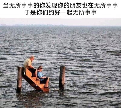 这是一张趣味梗图，画面中两位中老年人士坐在被湖水淹没大半的木质台阶上，一位男性坐在台阶上层低头看向下方，一位女性戴着墨镜坐在台阶下层望向水面，姿态都十分放松慵懒。图片上方配有文字“当无所事事的你发现你的朋友也在无所事事，于是你们约好一起无所事事”，用这个荒诞又悠闲的场景，精准调侃了和好友一起摆烂、放空发呆、消磨时光的松弛日常，场景的不合理性反而放大了“无所事事”的幽默感。