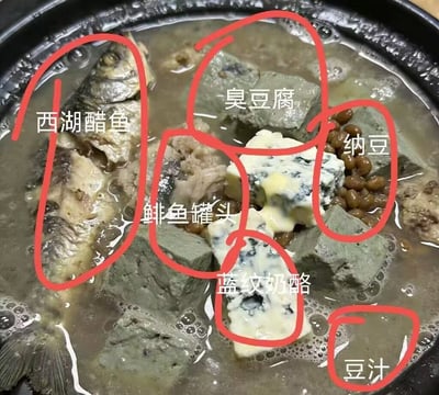 这是一张实拍的恶搞黑暗料理图片，黑色容器内盛放着以豆汁为汤底的汤品，汤中放入了西湖醋鱼、臭豆腐、鲱鱼罐头食材、纳豆、蓝纹奶酪五种均以气味浓烈、辨识度高著称的食材，每一种食材和汤底都用红色线圈出并标注了对应的名称，整体是网友创作的趣味整活内容，利用大众对这些臭味食物的固有印象制造笑点。