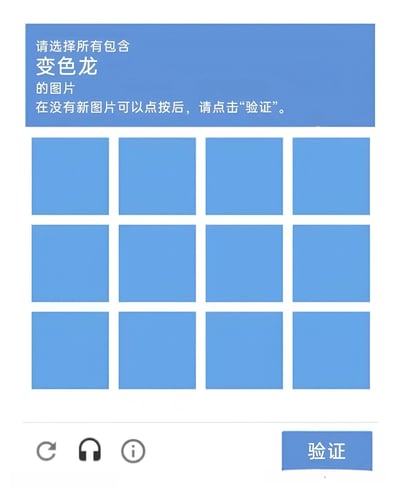 图片展示了一个验证码验证界面，顶部为蓝色背景的提示文字“请选择所有包含变色龙的图片 在没有新图片可以点按后，请点击‘验证’。”，下方是3行4列共12个完全相同的浅蓝色正方形网格，底部左侧有刷新、耳机、信息三个图标，右侧为蓝色的“验证”按钮。整个界面的核心笑点在于所有网格方块均为纯蓝色，理论上无法分辨是否包含变色龙（因变色龙可伪装成背景色），形成一种“找不到目标”的迷惑场景。
