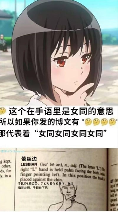 图片分为上下两部分。上半部分是一个动漫风格的女孩，她有着黑色短发和红色眼睛，正用右手食指顶住下巴，手指指向左侧。下半部分是一本字典的页面，展示了"蕾丝边(LESBIAN)"的定义，并配有手比L姿势的图示说明。图片中的文字解释了这个手势在手语中代表"女同"的意思，并幽默地指出如果在博文中连续发送四个眨眼表情，就代表着"女同女同女同女同"。