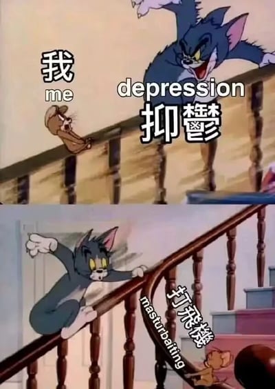 这是一张由《猫和老鼠》动画片段改编的双格梗图。上格中，杰瑞老鼠标注为“我 me”正惊恐地逃跑，而汤姆猫被标注为“depression 抑郁”正愤怒地追赶。下格中，汤姆猫从楼梯扶手坠落，而杰瑞则被标注为“打飞机 masturbating”在一旁观看。图片通过经典动画角色的追逐场景，用幽默夸张的方式表达了抑郁情绪与自慰行为之间的荒诞对比。