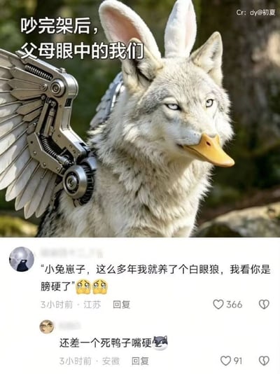 整张图分为上下两部分，上半部分是AI生成的奇幻拼接生物：以白毛白眼狼的身体为主体，头顶长着兔子的长耳朵，嘴部替换成了黄色的鸭嘴，背部还装有一对机械翅膀，配图文字为“吵完架后，父母眼中的我们”；下半部分是两条社交媒体评论，第一条评论对应图中的元素，还原了父母和孩子吵架时的常用话术“小兔崽子，这么多年我就养了个白眼狼，我看你是膀硬了”，第二条评论补充该生物还对应了父母常吐槽的“死鸭子嘴硬”的特点，将父母数落孩子时常用的数个俗语对应的具象元素全部整合在同一个生物上，用夸张的拼接形式精准调侃了亲子吵架后父母对孩子的印象，笑点清晰。