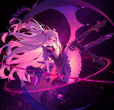 这是一幅风格华丽的原创二次元插画，画面中心是一位银发紫眸的少女，身着带有爱心装饰的暗黑哥特洛丽塔风格服饰，手持一把造型夸张的巨型镰刀，漂浮在布满星点的深邃星空背景中。少女的长发在粉紫光影下呈现渐变效果，镰刀与周身环绕着明亮的粉紫色霓虹光效，整体氛围神秘清冷，兼具哥特式的华丽感，图中没有双关、谐音梗或暗示内容。