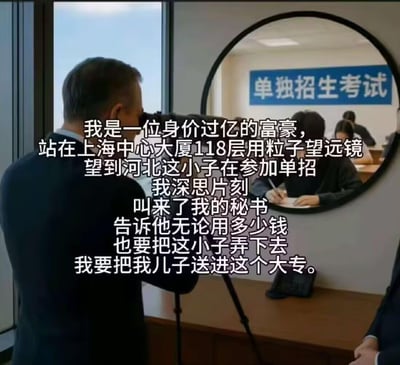 这是一张充满荒诞反差感的搞笑梗图：画面中一位身着正装的富豪，使用望远镜（配文设定为粒子望远镜）从上海中心大厦118层，观察到河北的一名考生正在参加单独招生考试。富豪深思后叫来秘书，要求无论花多少钱都要把这名考生弄下去，只为把自己的儿子送进这个大专。

梗图用极致夸张的设定制造笑点，打破了大众对富豪子女追求顶级名校的固有认知，调侃了如今大专升学也存在竞争的现状，用反差感拉满的剧情引发网友共鸣与调侃。