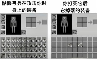 图片为左右对比的游戏界面截图，左侧标题为“骷髅弓兵在攻击你时身上的装备”，显示骷髅弓兵的物品栏中堆满了大量弓箭（多个64支一组的箭堆）；右侧标题为“你打死它后它掉落的装备”，显示击败后仅掉落1支箭和1根骨头。通过强烈反差幽默地吐槽游戏中骷髅弓兵实际掉落与战斗时装备的巨大差距。