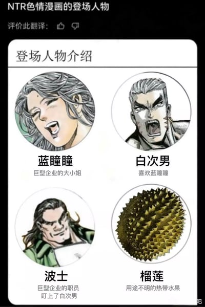 这是一张玩NTR题材反套路笑点的梗图，模仿NTR色情漫画的登场人物介绍格式排版，前三个角色为港漫《海虎》中的蓝瞳瞳、白次男、波士，设定符合常规NTR题材的人物关系：大小姐蓝瞳瞳是女主角，白次男是爱慕女主角的男性，波士是试图介入关系的男配角，第四个登场角色却完全脱离预期，是被标注为“用途不明的热带水果”的榴莲，用荒诞无厘头的设定打破观众对NTR剧情的固有预期，制造出诙谐的搞笑效果。