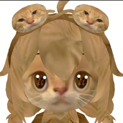 一张AI生成的创意图像，主体是一个卡通风格的猫咪生物。该生物拥有一个较大的主猫脸，眼睛异常巨大且瞳孔呈猫咪形状，眼内似乎还有猫咪倒影。最特别的是，在主猫脸的头顶位置，长着两个较小的完整猫脸，如同两只小猫头作为“耳朵”，整体呈现出一种超现实又略带萌感的视觉效果。背景为纯白色，突出主体形象。