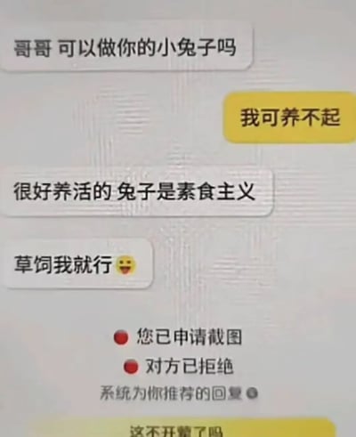 这是一张搞笑聊天记录截图，展示了一段幽默对话。一方说"哥哥 可以做你的小兔子吗"，对方回复"我可养不起"，随后对方解释"很好养活的 兔子是素食主义"并开玩笑说"草饲我就行 😆"。底部显示系统消息"您已申请截图"和"对方已拒绝"。