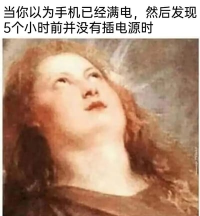 这是一张经过二次创作的梗图，上方配有文字'当你以为手机已经满电，然后发现5个小时前并没有插电源时'，描述了现代生活中一个极具共鸣的尴尬崩溃瞬间；下方搭配一幅西方古典油画里的人物形象，该人物仰头向上，神情绝望崩溃，精准地诠释了发现手机根本没充电时的无奈、崩溃与希望落空的情绪，用古典艺术形象演绎日常小意外，反差感拉满，容易引发网友的共鸣。