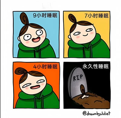 四格漫画展示了不同睡眠时长对同一角色状态的影响，从9小时睡眠的精神饱满，到7小时的略显疲惫，4小时的极度困倦，最后到永久性睡眠（墓碑场景）的幽默夸张对比。