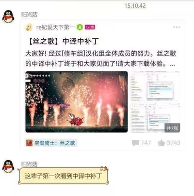 这是一张QQ聊天记录截图，用户“阳光菇”首先转发了一条来自其他社交平台的帖子，该帖子由等级18的用户“re妃爱天下第一”发布，内容是宣称[修车组]汉化组制作出了游戏《空洞骑士：丝之歌》的中译中补丁，邀请大家下载体验，帖子还附带了丝之歌的游戏实机画面截图和相关文件界面截图，标注共7张图，该帖子获得了747条评论和3743个点赞。转发帖子后用户“阳光菇”发出吐槽，表示自己这辈子第一次看到中译中补丁，调侃这种给已经有中文的内容再做中文补丁的操作十分多余离谱，属于游戏圈的整活玩梗内容。