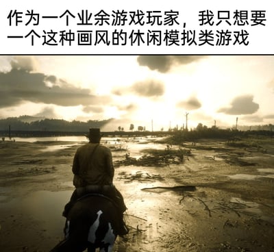 这是一张玩家制作的游戏梗图，上方配文“作为一个业余游戏玩家，我只想要一个这种画风的休闲模拟类游戏”，下方是游戏《荒野大镖客：救赎2》的截图：主角亚瑟·摩根背对着镜头，骑在马上行至一片黄昏时分的湿地，画面光影细腻、场景写实，极具西部荒野的氛围感。这张图表达了不少玩家的心声：被《荒野大镖客：救赎2》的高画质写实画风吸引，但又不想体验游戏主线中沉重、硬核的剧情内容，希望能有一款同画风的轻松休闲模拟游戏，满足自己在精美开放世界里漫游、休闲的需求，是对高画质休闲游戏的诉求的调侃式表达。