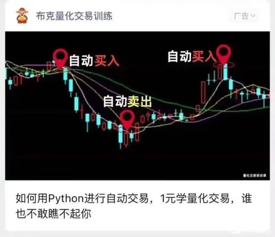 这是一则布克量化交易训练的推广广告，图中上方展示了带有标注的股票K线走势图，其中标注了两个「自动买入」点位和一个「自动卖出」点位，直观呈现量化交易的自动买卖逻辑；下方配有宣传文案「如何用Python进行自动交易，1元学量化交易，谁也不敢瞧不起你」，以极低的学习成本为噱头，吸引想要通过学习量化交易提升金融投资技能、掌握Python自动交易方法的人群。图中无任何双关、谐音梗或暗示类内容。