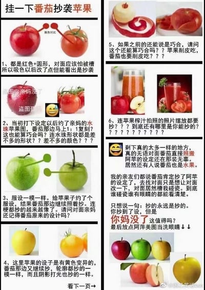 这是一张模仿饭圈粉丝撕逼小作文的恶搞梗图，将苹果和番茄的自然共性（红色圆形外观、带水珠、绿色品种、削皮食用、榨汁等）强行套上“设定抄袭”的饭圈话术，用荒诞的逻辑吐槽饭圈中过度指责“抄袭”的现象。图中通过6组对比图+犀利的饭圈式文案，把水果的正常属性恶搞成“抄袭实锤”，最后还放上苹果美图“洗眼睛”，充满了戏谑和搞笑的荒诞感。