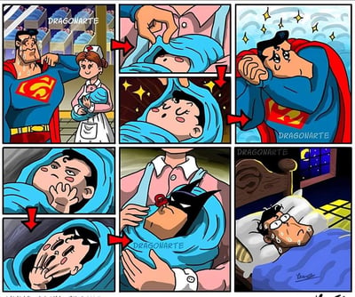 这是一组共9格的连环漫画，以幽默夸张的风格讲述超人的育儿乌龙事件。首格中，穿着红蓝制服的超人满头大汗，疑惑地看着护士怀中裹着蓝色毯子的婴儿；第二格特写毯子被拉开的动作；第三格超人双手抱头，周围闪烁着震惊的星星特效；第四格婴儿露出带红晕的睡颜，同样有星星特效；第五格超人捂脸崩溃；第六格毯子被完全拉开，婴儿竟戴着蝙蝠侠标志性的黑色头套，表情淡定；最后一格转到夜晚，超人躺在床上冷汗直流，瞪大眼睛失眠，显然被白天的“发现”困扰。整组漫画通过夸张的表情和情节反转制造喜剧效果，将超级英雄形象与育儿场景结合，充满反差萌。