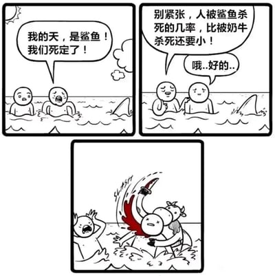 这是一组三格的冷幽默连环漫画，第一格中，两名在海中游泳的人发现了鲨鱼鳍，其中一人惊慌地大喊“我的天，是鲨鱼！我们死定了！”，表现出极度的恐惧；第二格中，另一名同伴试图安抚他，说出“别紧张，人被鲨鱼杀死的几率，比被奶牛杀死还要小！”的科普类言论，让惊慌的人放松下来并回应“哦..好的..”；第三格剧情出现荒诞反转，一头奶牛突然出现在海水中，用牛角刺穿了刚才安抚同伴的人，鲜血四溅，剩下的人陷入更大的惊恐，漫画用极端巧合的方式，将“被奶牛杀死”的低概率事件变为现实，制造出强烈的黑色幽默效果，讽刺了概率统计与现实意外的反差。