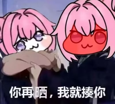 图片中有两个粉色头发的卡通角色Doro，均源自韩国手游《胜利女神：妮姬》的二创表情包。左侧角色有着紫色眼睛，正用棕色物体捂住脸部，表情显得害羞又无奈；右侧角色脸部呈红色，双眼赤红，嘴角向下撇，露出愤怒凶狠的表情。图片底部配有白色文字“你再晒，我就揍你”，整体营造出一种搞笑又带点小冲突的氛围。