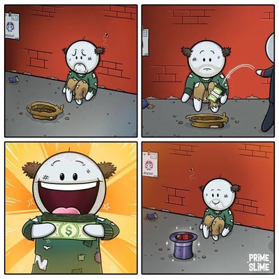 这是一幅四格连环讽刺漫画：第一格中衣着破烂、脸上带伤的流浪汉愁苦地坐在红砖墙下的灰地面上，脚前摆着一个破旧的乞讨碗，周围散落着硬币和废弃易拉罐；第二格有路人向流浪汉递来一叠现金，现金落到了流浪汉手里；第三格是流浪汉的特写，他拿着印有美元符号的现金笑的十分开心，背景是带星光的黄色闪光特效，表现出欣喜的情绪；第四格流浪汉又坐回了原来的位置，原先的破碗消失，取而代之的是一个崭新、带闪光特效的紫色魔术礼帽放在他面前作为新的乞讨容器，流浪汉露出满足的表情，讽刺了人获得资源后不优先改善自身处境，反而升级乞讨工具继续不劳而获的行为。