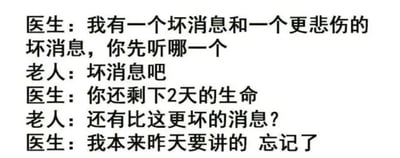一张纯文字梗图，展示了医生与老人的对话。医生告知老人有一个坏消息和一个更悲伤的坏消息，老人先选择听坏消息，得知自己只剩2天生命。当老人询问更悲伤的消息时，医生回答‘我本来昨天要讲的 忘记了’，通过时间差制造黑色幽默效果。
