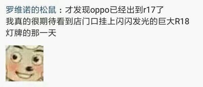 这是一张社交媒体用户发言的截图，上方是用户「罗维诺的松鼠」的两段文字：「才发现oppo已经出到r17了 我真的很期待看到店门口挂上闪闪发光的巨大R18灯牌的那一天」，下方搭配了一张魔改的喜羊羊表情包，表情带着玩味的笑容，眼神搞怪。
梗点说明：这里运用了概念梗，R18在内容分级体系中代表「十八禁」标识，网友故意调侃OPPO R系列机型迭代到R17后，R18的灯牌会让人联想到十八禁，制造出搞笑的反差调侃效果。