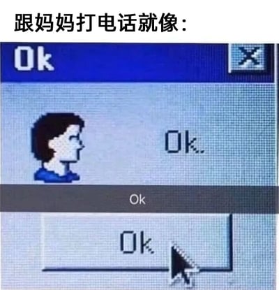这是一张用于吐槽家庭日常的趣味图文混排图，顶部配有文字“跟妈妈打电话就像：”，下方是模仿老式Windows系统风格的多层弹窗界面。界面中包含一个像素风格的侧头人物，人物旁标注文字“Ok.”，弹窗的标题栏、中间提示栏、底部确认按钮均显示“Ok”，鼠标指针正指向底部的Ok按钮。图片用需要多次点击确认才能关闭的弹窗场景，生动类比了和妈妈打电话时的状态：妈妈会反复叮嘱生活中的各种细节，接听电话的人只能不断以“好的”“知道了”这类话语回应，就像必须一次次点击Ok按钮才能推进、结束这个流程，精准戳中了很多人在与长辈沟通时的共鸣点，充满了搞笑又真实的生活气息。