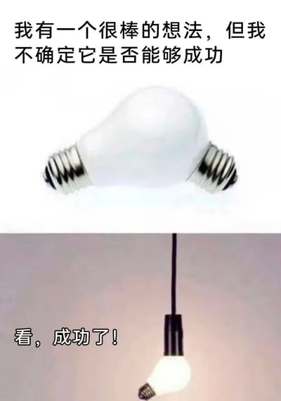 这是一张上下拼接的对比式趣味梗图，上半部分展示了一个经过P图修改的双头螺口灯泡，搭配文字“我有一个很棒的想法，但我不确定它是否能够成功”，这个灯泡打破了常规灯泡单螺口的结构，呈现出一种看似“创新”的怪异形态；下半部分则是将这个双头灯泡倒置，把原本的灯泡顶端螺口当作灯头安装在灯座上，灯泡成功亮起，配文“看，成功了！”。这张图用荒诞的方式调侃了一些看似是突破性创新的想法，实则只是换个角度利用现有结构的“伪创新”，同时也带有一丝鼓励大胆尝试的幽默意味，通过反差感制造搞笑效果。