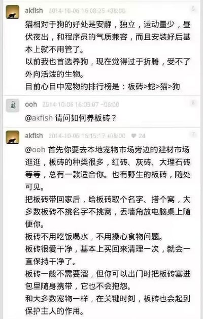 这是一段2014年的论坛搞笑对话：用户akfish分享自己的宠物偏好，认为猫比狗安静独立，作息更契合程序员，还列出了一个反套路的宠物排行榜——板砖>蛇>猫>狗。另一位用户ooh顺势提问“如何养板砖”，akfish则一本正经地介绍起“养板砖”的方法：包括去建材市场“选购”板砖、随意安置的方式、无需吃喝清洁、可随身携带，甚至关键时刻能防身，全程用养宠物的话术调侃板砖，用夸张的反套路方式吐槽养宠物的麻烦，幽默地表达了想要“零折腾”宠物的心态，非常贴合喜欢安静、怕麻烦的人群的想法。