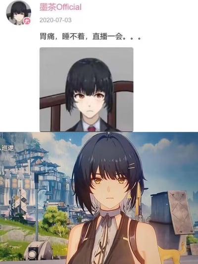 这是一张上下拼接的对比梗图，上半部分是已故UP主墨茶Official2020年7月3日发布的社交媒体动态截图，动态文案为“胃痛，睡不着，直播一会。。。”，展示了墨茶当时使用的二次元黑短发女性头像，头像中的角色神态平淡，端坐在椅子上；下半部分是开放世界游戏《鸣潮》里女主人公漂泊者的游戏实机画面，漂泊者同样为黑短发造型，五官神态都和上方墨茶的头像高度相似，形成巧合撞脸的对比效果，下半部分图的左下角还留有游戏界面文字“巡逻”。