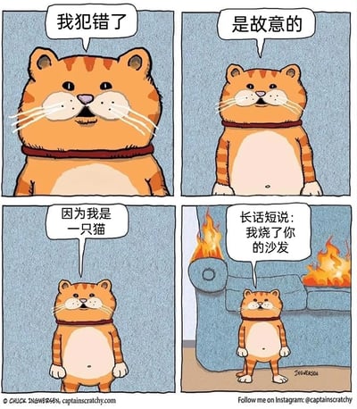 这是一组四格原创卡通幽默漫画，主角是一只橘色条纹猫咪。漫画以递进式的对话展开：第一格中猫咪露出看似无辜的神态，开口说“我犯错了”；第二格猫咪神态变得得意，直白表示“是故意的”；第三格猫咪站在纯色背景前，理直气壮地给出理由“因为我是一只猫”；第四格场景切换到着火的沙发前，猫咪站在沙发旁，简洁地坦白“长话短说：我烧了你的沙发”，沙发的扶手和坐垫区域正燃起火焰。漫画用夸张的情节和猫咪理直气壮的态度，放大了猫咪调皮捣蛋、我行我素的特质，制造出强烈的反差笑点，生动展现了宠物视角的搞怪逻辑。