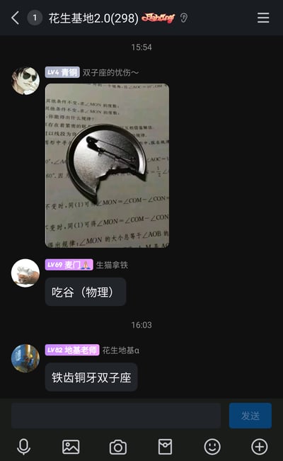 这是一张名为“花生基地2.0”的群聊截图，群内成员“双子座的忧伤～”发布了一张照片，照片里是一个破损的金属徽章（类似二次元周边“谷子”）放置在印有数学几何题的纸张上；成员“生猫拿铁”回复“吃谷（物理）”，用双关梗调侃这个徽章像是被“吃掉”了，是物理意义上的“吃谷”（原本“吃谷”是指购买二次元周边）；成员“花生地基a”则调侃发布者“铁齿铜牙双子座”，玩笑式地认为是发布者咬坏了徽章，整个群聊氛围轻松搞笑，充满二次元玩梗的趣味。