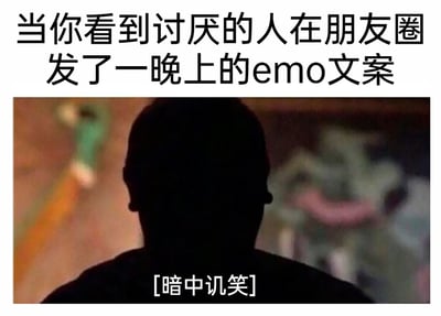 这是一张贴合日常社交情绪的梗图，画面上方配有文字“当你看到讨厌的人在朋友圈发了一晚上的emo文案”，点明场景背景；画面主体是一个完全看不清面部的真人黑色剪影，人物背对镜头处于暗处，剪影下方配有文字“[暗中讥笑]”。整张图精准捕捉到了现实中部分人看到讨厌的人在社交平台发布一整晚低落情绪文案时，在背后偷偷幸灾乐祸、暗自嘲讽的真实心态，用夸张又贴合的画面和文字，将这种有点“小心眼”的隐秘情绪具象化。
