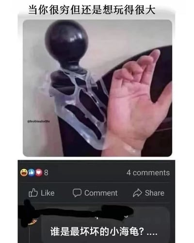 这张图片展示了一个社交媒体帖子的截图，上方配有文字“当你很穷但还是想玩得很大”。主图中是一只手正在摆弄一个由黑色球体和塑料膜制成的简易玩具。图片下方显示有8个反应和4条评论的社交媒体界面元素，底部还有一行文字“谁是最坏坏的小海龟?....”。整体呈现出一种幽默搞笑的氛围，通过低成本创意玩法来表达“穷开心”的主题。