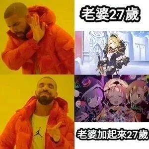 这是一张基于德雷克表情包模板改编的上下对比多图拼接梗图，属于二次元爱好者创作的搞笑内容。上图中，真人德雷克做出摆手嫌弃的动作，右侧搭配一个看起来年龄稍长的二次元女性角色，配文“老婆27歲”；下图中德雷克则做出点赞认可的动作，右侧搭配三个看起来年纪较小的二次元女性角色，配文“老婆加起來27歲”。该梗图通过强烈的态度反差，调侃了部分二次元爱好者更倾向于选择“幼态”二次元角色作为“老婆”的趣味心理，利用年龄总和的概念制造笑点，贴合二次元社区的文化氛围。