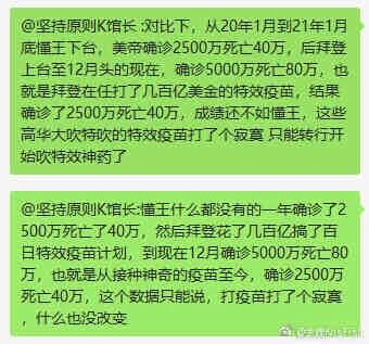 这是一张竖屏格式的社交媒体截图，属于纯文字类内容，截图中展示了用户“@坚持原则K馆长”发布的两条言论。第一条言论对比了美帝在不同执政时期的确诊与死亡数据，声称拜登任内投入大量资金的特效疫苗没有起到效果，成绩不如前执政者；第二条言论则以类似的对比方式，质疑疫苗接种的实际作用，认为疫苗接种后相关数据没有得到改善，防疫措施没有起到作用。图片右下角带有“@观点的小站”的水印标识。