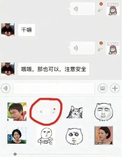 这是一张微信聊天界面的截图，上方展示了一段简短的聊天对话：用户先后发送了两条4秒的语音消息，对话对象先回复「干嘛」，在用户发送第二条语音后回复「哦哦，那也可以，注意安全」。下方是微信的表情选择界面，其中被红圈重点标注的是一个4秒时长的语音样式表情包，这个意外的功能细节打破了大家对表情包的常规认知，原来语音内容也能被做成表情包选项，方便快速发送，充满了趣味性。