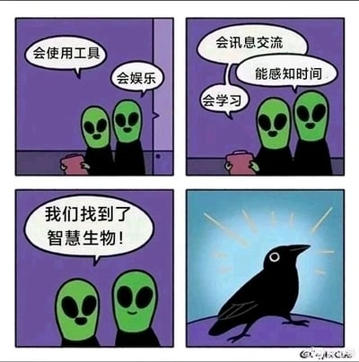 这是一幅四格连环卡通漫画，以两个绿色外星人寻找智慧生物为故事线展开。第一格中，两个外星人拿着类似平板的设备，其中一个提出判断智慧生物的标准“会使用工具”，另一个补充“会娱乐”；第二格内，他们继续罗列特征：“会讯息交流”“能感知时间”“会学习”；第三格中，两个外星人兴奋地宣布“我们找到了智慧生物！”；第四格揭晓答案，被他们判定为智慧生物的是一只站在平台上、周身环绕光芒的乌鸦。漫画的幽默点在于，乌鸦在现实中确实具备这些被列出的能力，比如会使用工具获取食物、能与同类交流、拥有学习能力，外星人的判断符合科学事实，但打破了人们默认智慧生物指向人类的固有认知，通过这种反差制造出荒诞又合理的笑点。