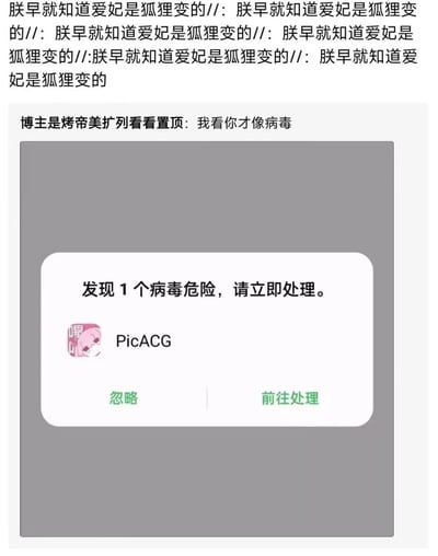图片上方是重复多次的文本“朕早就知道爱妃是狐狸变的//:”，中间是博主“烤帝美扩列看看”的置顶评论“我看你才像病毒”，下方是一个模拟的病毒警告弹窗，显示“发现 1 个病毒危险，请立即处理。”，弹窗左下角有“PicACG”的logo和图标，底部有“忽略”和“前往处理”两个按钮。整体通过将病毒警告弹窗与评论结合，形成幽默讽刺效果。