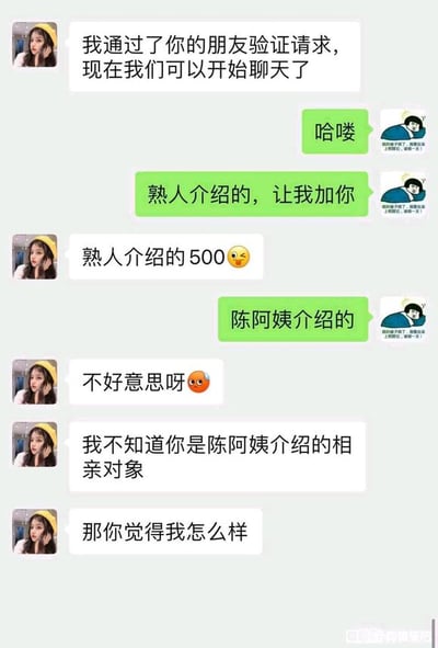 这是一张微信聊天记录截图，记录了一场充满乌龙的相亲开场对话：女方通过好友验证后，男方表明是熟人介绍添加好友，女方误以为是需要付费的“熟人介绍”服务，回复“熟人介绍的500😉”，男方随后说明是陈阿姨介绍的相亲对象，女方立刻发送尴尬表情致歉，解释自己搞错了身份，紧接着询问男方对自己的印象。整个对话因信息差产生了尴尬又好笑的乌龙，展现了相亲场景中意外的误会瞬间。