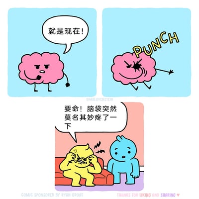 这是一则三格连环卡通漫画，用拟人化的脑洞创意解释了人们日常中莫名头疼的现象：第一格中，粉色的拟人化大脑表情严肃，握拳喊出“就是现在！”；第二格中，这个大脑一拳打在自己脸上，旁边标注拟声词“PUNCH”；第三格中，黄色小人坐在沙发上，双手紧紧抱头，五官痛苦地挤在一起，喊出“要命！脑袋突然莫名其妙疼了一下”，一旁的蓝色小人则露出疑惑的表情看着他。整个漫画将抽象的身体感受具象化，用无厘头的方式制造笑点，吐槽了生活中突如其来的莫名头疼经历。