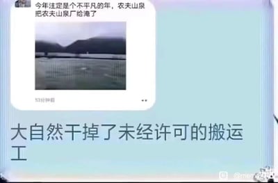 这是一张结合了新闻类内容与搞笑梗的图文混排meme图。画面上方是一段社交媒体截图，配文“今年注定是个不平凡的年，农夫山泉把农夫山泉厂给淹了”，并附带一张被洪水淹没的类似厂区的画面；画面下方配有文字“大自然干掉了未经许可的搬运工”。这张图运用了双关梗，一方面，农夫山泉的水源取自大自然，“搬运工”可以指代未经许可盗用、搬运农夫山泉相关资源或内容的网络搬运者；另一方面，洪水淹没农夫山泉厂区，被调侃成是大自然对“搬运”自己水源的工厂的“制裁”，用幽默的方式讽刺了网络上未经授权的搬运行为。