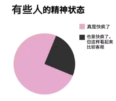 这是一张以饼状图为载体的搞笑梗图，标题为“有些人的精神状态”，精准戳中当代人在生活、职场多重压力下的情绪痛点。饼图被分为两个部分，占比绝大多数的粉色区域标注“真是快疯了”，直白表达出情绪濒临崩溃的状态；占比极小的黑色区域标注“也是快疯了，但这样看起来比较客观”，看似用理性的表述维持表面的“客观”，本质上同样是精神濒临失控的状态。整张图用看似正式的数据分析图表形式，以反差感呈现出人们一边情绪即将失控，一边还要强行维持理性的矛盾又真实的精神状态，通过幽默的方式引发大众的情绪共鸣，适合用来抒发压力。