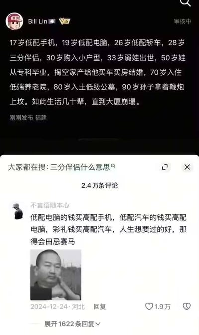 该图片为社交媒体截图，内容是用户“Bill Lin”发布的一条动态，描述了一个从17岁到90岁的“低配人生循环”：17岁使用低配手机，19岁用低配电脑，26岁开低配轿车，28岁拥有“三分伴侣”，30岁购入小户型，33岁生下“弱娃”，50岁孩子专科毕业并掏空家产为其买车买房结婚，70岁入住低端养老院，80岁葬入低级公墓，90岁孙子拿鞭炮上坟，如此循环几十辈直至“大厦崩塌”。截图下方显示有“大家都在搜：三分伴侣什么意思”的搜索框，以及2.4万条评论，其中一条热门评论提到“低配电脑的钱买高配手机，低配汽车的钱买高配电脑，彩礼钱买高配汽车，人生想要过的好，那得会田忌赛马”，以“田忌赛马”策略回应原帖内容。