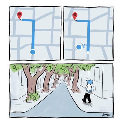 这是一幅三格连环卡通漫画，用导航与现实道路的反差制造幽默效果。第一格展示导航地图的规划路线：一条先垂直向下再左转的笔直路线，蓝色定位点位于路线起点；第二格中，定位点偏离了规划路线，出现提示波纹，显示定位出现“偏移”；第三格呈现现实场景：一条原本应该是直线的街道，因为路两侧的树木种植位置，路面被“挤”得弯曲变形，蓝色皮肤的卡通人物背着手走在路上，抬头面露疑惑，完美解释了导航定位偏移的原因——现实道路并非导航里的标准直线。漫画用日常出行的小尴尬，调侃了导航系统在面对非标准化道路时的定位错位，充满生活趣味。